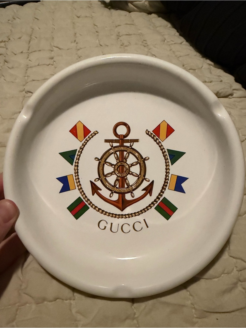 Gucci White Ceramic Plate with Nautical Anchor and Multicolor Flags